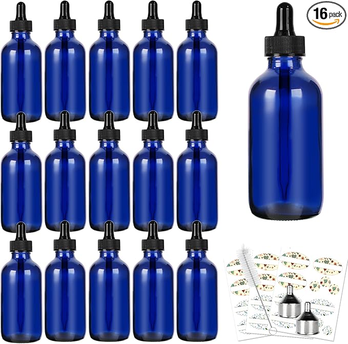 CycleMore 16 Pack (120 ml) 4 oz Blue Boston Bottles with Glass Eye Droppers, Glass Dropper Bottles for Essential Oils & Lab Chemicals & More Liquids Ideal for Mom & Friends
