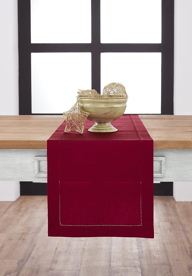 Solino Home Cotton Linen Table Runner Red, Hemstitch Collection 14 x 120 in | by SolinoHome