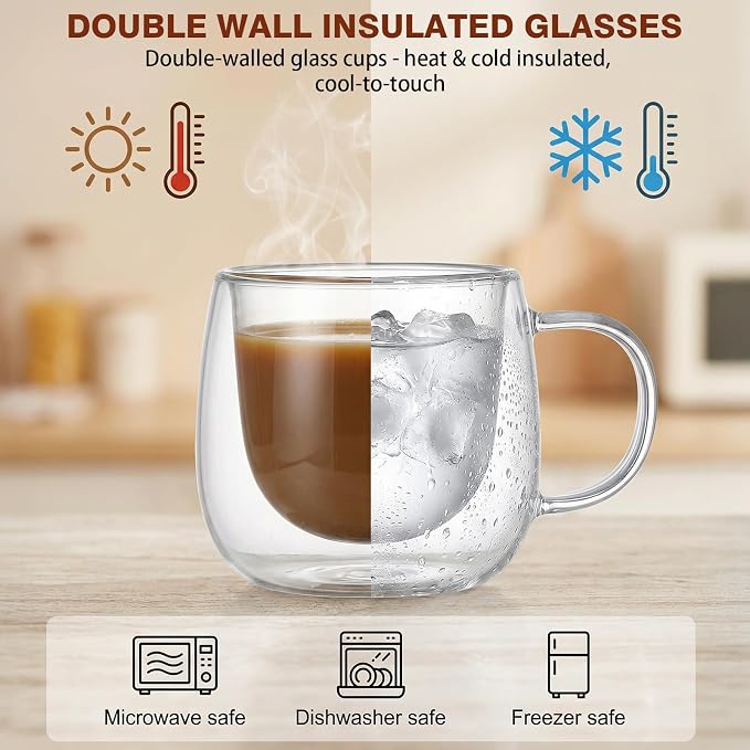 4 Pack Double Walled Glass Coffee Mugs - Image 3