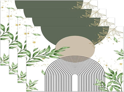 Boho Sage Green Placemats Abstract Bohemian Mid Century Modern Gold Leaves Plant Olive Grey Minimalist Washable Place Mats 12x18Inch for Dining Kitchen Farmhouse Decor 6 PCS