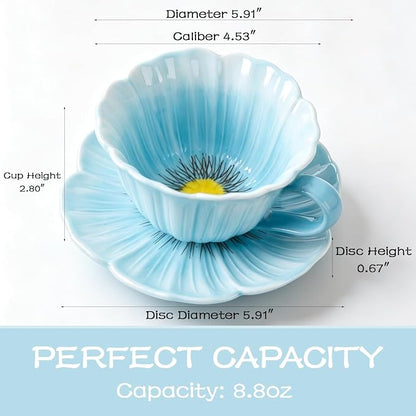 8.8 oz Tea Cups and Saucers, Flower-Shaped Ceramic Latte Art Cappuccino Cup and - Image 2