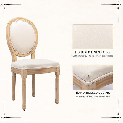 Vintage French Dining Chairs Set of 4, Round Back Accent Chairs with Linen Seat and Solid Wood Frame, Farmhouse Sillas de Comedor Upholstered for Dining Room & Kitchen, Beige