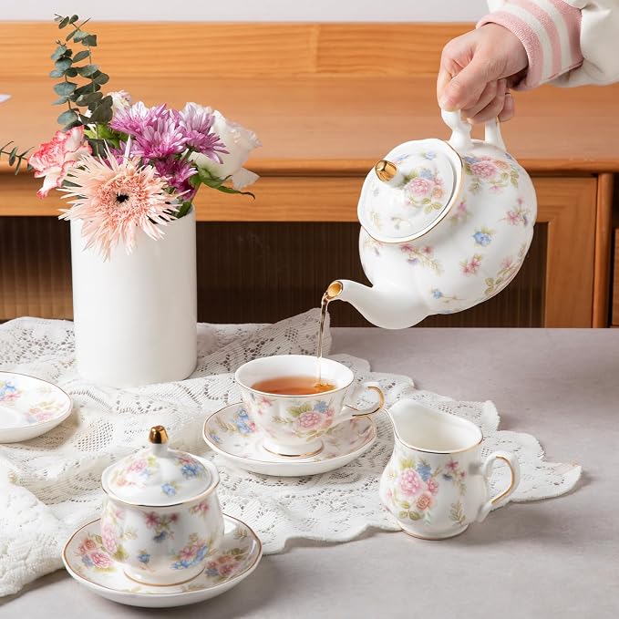 Sweejar Porcelain Tea Set Vintage Floral, British Relief Gold Rim Teapot Cup - Image 4