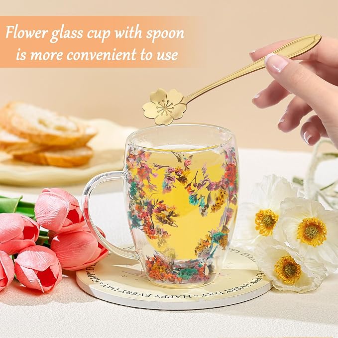 Gifts for Women Dried Flowers Double Wall Glass Coffee Mugs Cute Glass Tea Cups - Image 2