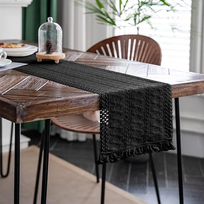 Macrame Table Runner Pure Black Boho Table Runners - Image 3