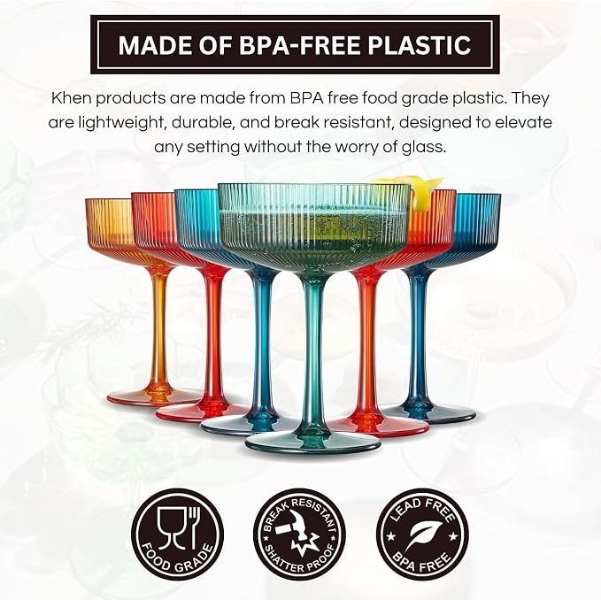 Khen Retro Acrylic Ribbed Glasses, 10oz Multicolor Shatterproof Stemware Coupe - Image 3