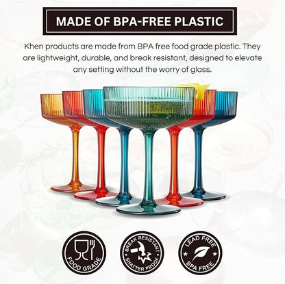 Khen Retro Acrylic Ribbed Glasses, 10oz Multicolor Shatterproof Stemware Coupe - Image 3