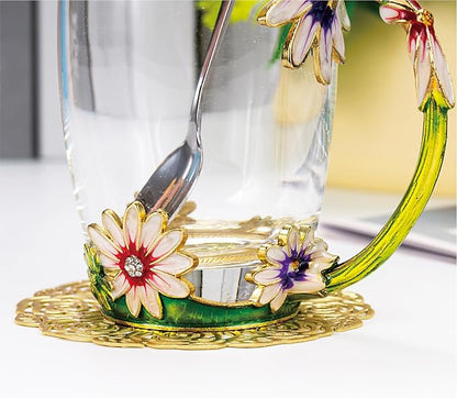 Flower Tea Cup, Daisy Flower Clear Glass Fancy Coffee Mug - Image 4