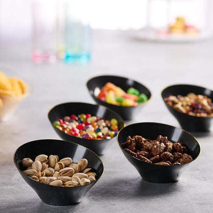 PLASTICPRO Angled Plastic Bowls Disposable Small Plastic Black Serving Bowls with Gold Rim for Party for Appetizer Salads Pack of 8