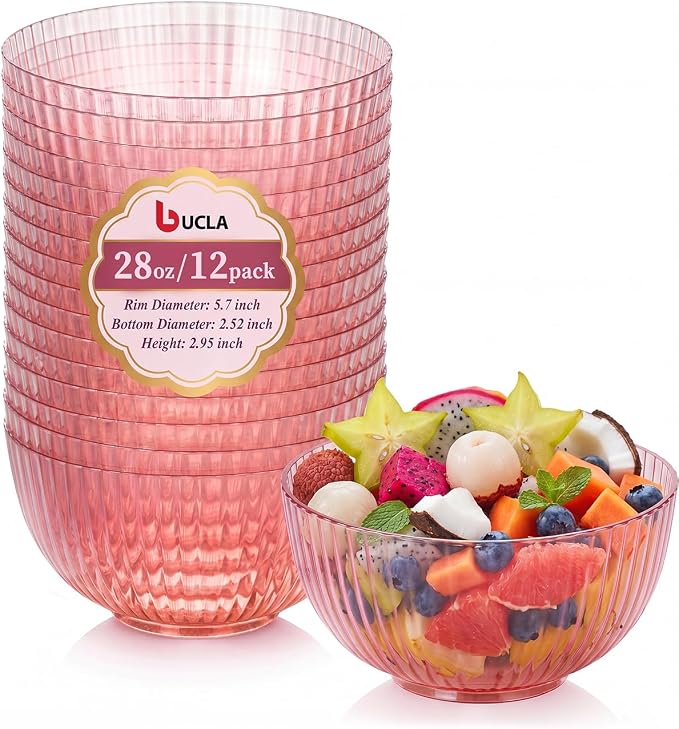 bUCLA 12 PCS Plastic Cereal Bowls Set - 28 Oz Clear Pink Disposable Vertical by BUCLA