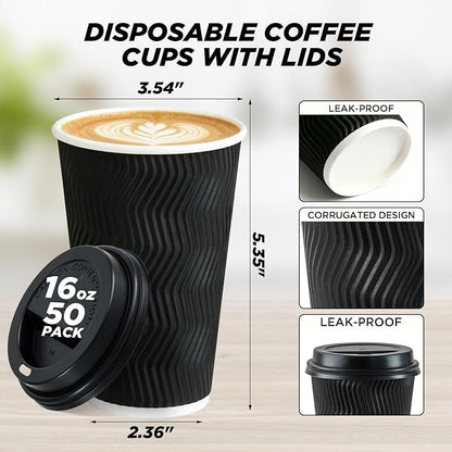 16 oz Coffee Cups with Lids, 50 Pack Black Insulated To Go Disposable Coffee - Image 2