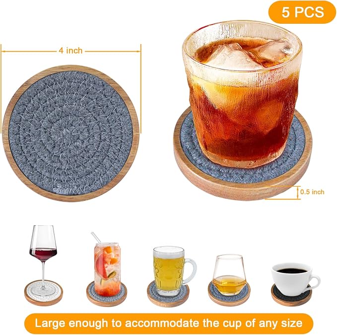 Wood Coasters for Drinks, Eykao Absorbent Coaster Sets of 5, Woven Drink - Image 6