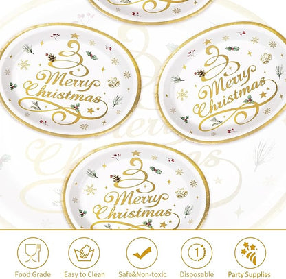 Grencian 50pcs Merry Christmas Oval Paper Plates - 10" x 12" Heavy Duty 400GSM Gold Christmas Tree Dessert Plates for Xmas Winter Holiday Party Supplies