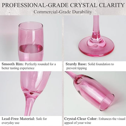 Champagne Flutes Glasses Set of 6-6oz Elegant Pink Glass, Unique Pink Colored Long Stem Champagne Flute Gift for Wedding, Anniversaries, Parties, Birthday, Restaurant, Home Bar