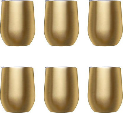 DISCOUNT PROMOS Stemless Wine Glass Tumblers with Lids by Largo 11 oz. Set of 6, Bulk Pack - Perfect for Wine, Cocktails, Other Hot & Cold Beverages - Gold