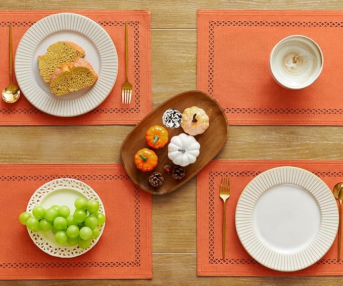 Orange Burlap Place Mats, Fall Placemats Set of 6, 12 x 18 Inch | Double Layer - Image 2