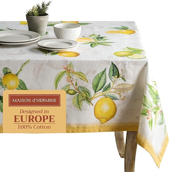 Maison d' Hermine Table Cloth Rectangle Table 100% Cotton 70 x 140 Inches Tablecloth Reusable Decorative for Dining Room Farmhouse Home Valentines Day Decorations Spring Summer - Limoncello