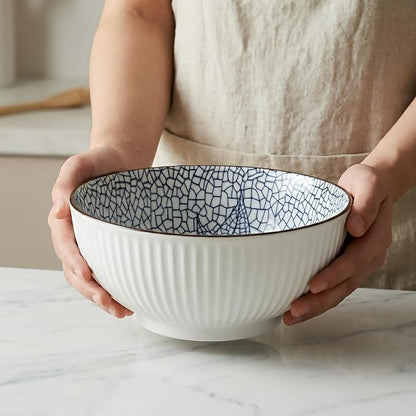 QINLANG Large Soup Bowls, Pho & Ramen Set of 3, 60 oz Blue & White Porcelain - Image 8