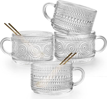 Vintage Glass Coffee Mugs Set of 4, 14 OZ Embossed Glass Coffee Cups Coffee Mugs by Ymyaye