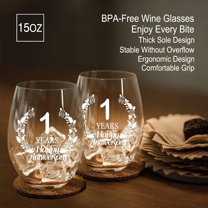 Perfectinsoy 1 Years Happy Anniversary Wine Glass Set of 2, Happy 1th - Image 4