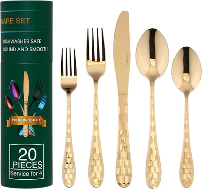 20 Piece Silverware Set for 4, Hammered Silverware Set 18/10 Stainless Steel by AJIEVWU-BESTFORYOU