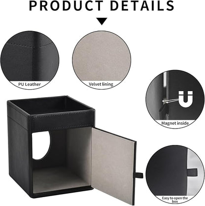 Tissue Box Cover Square Tissue Box Holder PU Leather Facial Tissues Organizer with Storage Tray for Bathroom Vanity Bedroom Office Car, Stylish Napkin Caddy Decorative Organizer (Black)