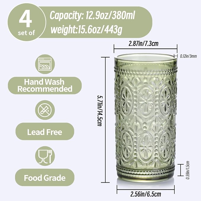 abrwyy Green Glassware, Vintage Drinking Glasses, 12oz Highball Glasses | - Image 2