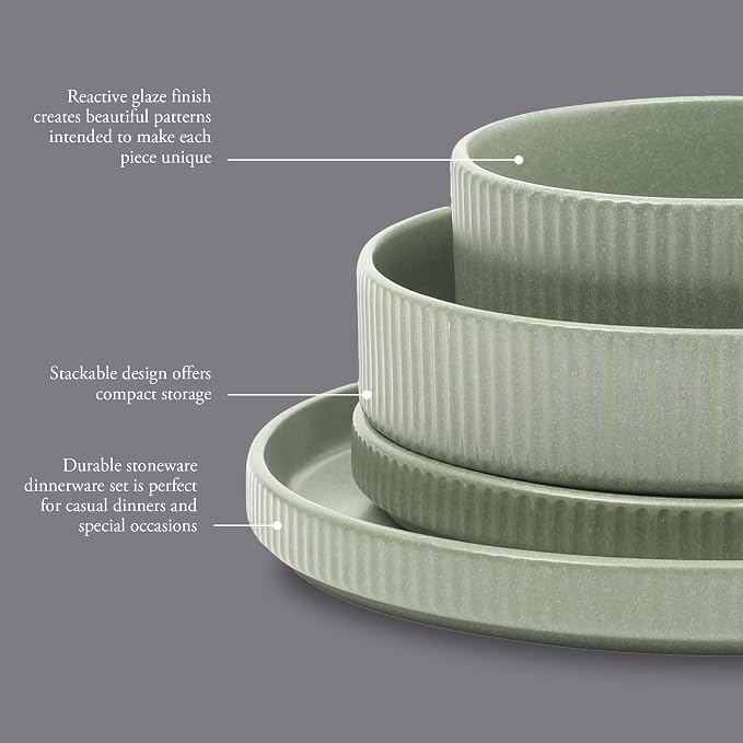 Gibson Elite Deerfield 16-Piece Stoneware Dinnerware Set – Matte Green - Image 3