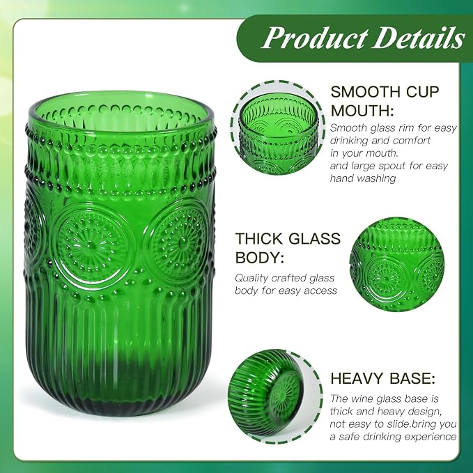 CHLJAR Christmas Green Vintage Wine Drinking Glasses Set of 6, 14 oz hobnail - Image 3