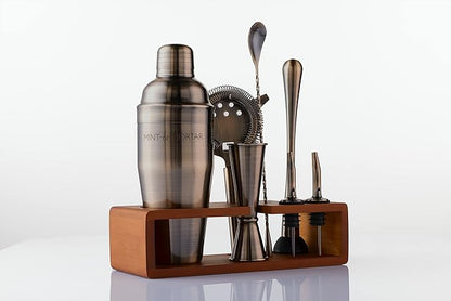 Mint & Mortar Cocktail Shaker Set, 7-Piece Bartender Kit with Stand, 24oz Martini Shaker Bottle Stainless Steel Bar Tools, Home Bar Accessories Drink Mixer, Barware Gift Set - Brushed Gold