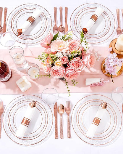 Ciaell 350PCS Rose Gold Plastic Plates - Clear Rose Gold Disposable Plates with Plastic Silverware include 100Plates, 150Silverware, 50Cups, 50Napkins for Wedding & Party & Valentine's Day