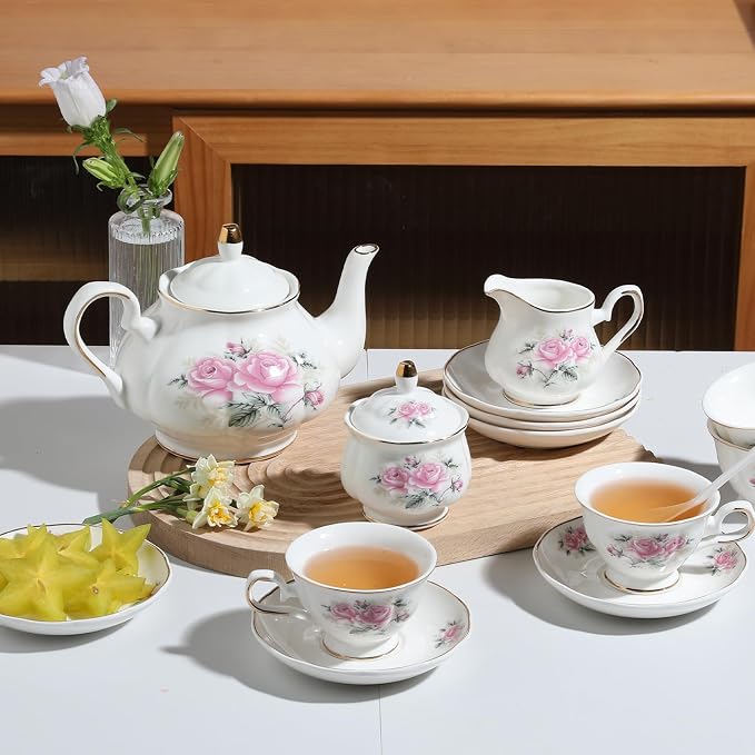 Sweejar Porcelain Tea Set Vintage Floral, British Relief Gold Rim Teapot Cup - Image 5