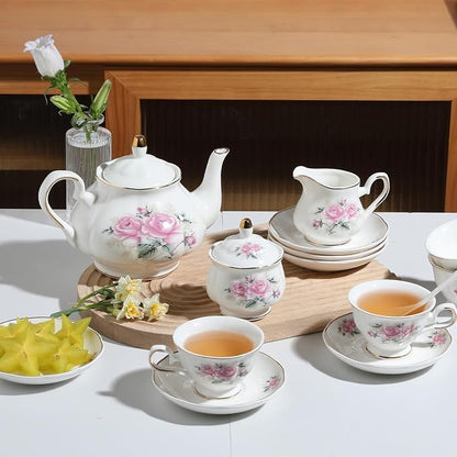 Sweejar Porcelain Tea Set Vintage Floral, British Relief Gold Rim Teapot Cup - Image 5
