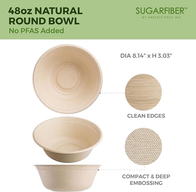 48oz Compostable Paper Bowls Disposable Round Natural Large Bowls, Biodegradable - Image 2