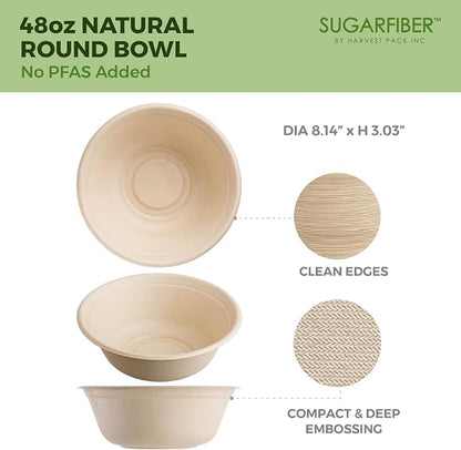 48oz Compostable Paper Bowls Disposable Round Natural Large Bowls, Biodegradable - Image 2