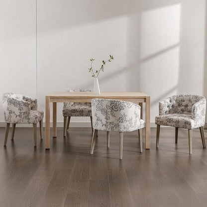 Mid-Century Modern Dining Chairs Set of 6, Tufted Upholstered Linen Dining Room Chairs with Wooden Legs, Floral Pattern