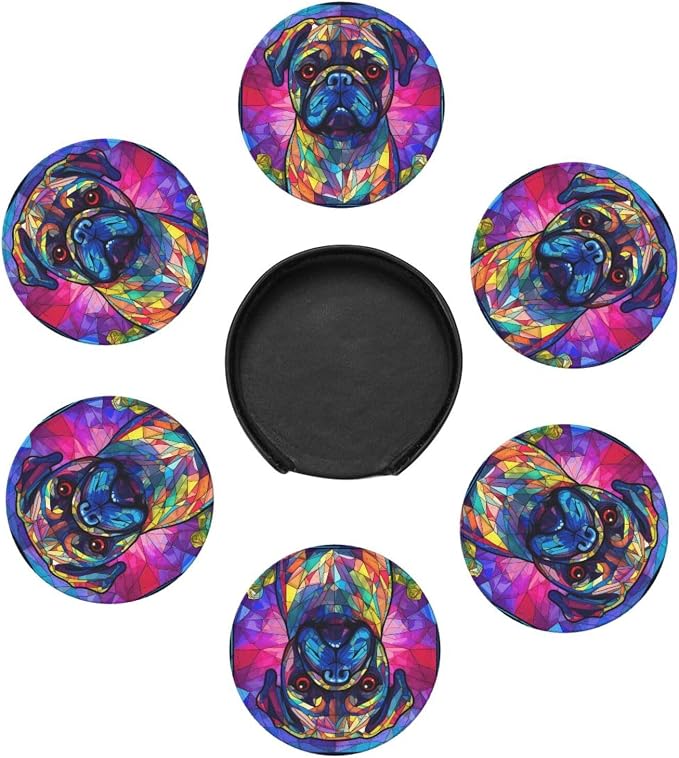 Pug Stained Dog Breed Glass Art Leather Drinks Coasters - Image 2