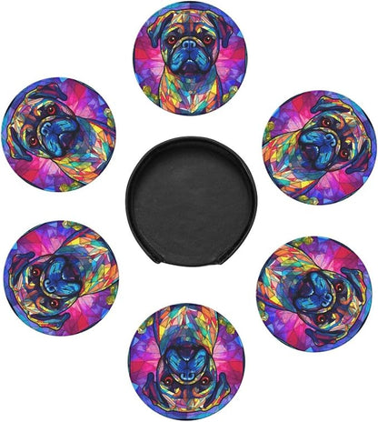 Pug Stained Dog Breed Glass Art Leather Drinks Coasters - Image 2