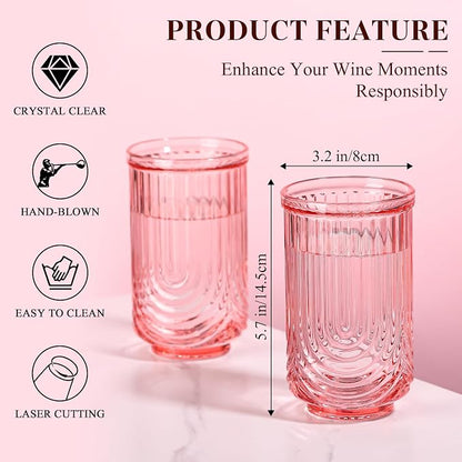 Pink Vintage Drinking Glasses Set of 6-17oz Hand-Blown Highball Ribbed Glassware - Image 3