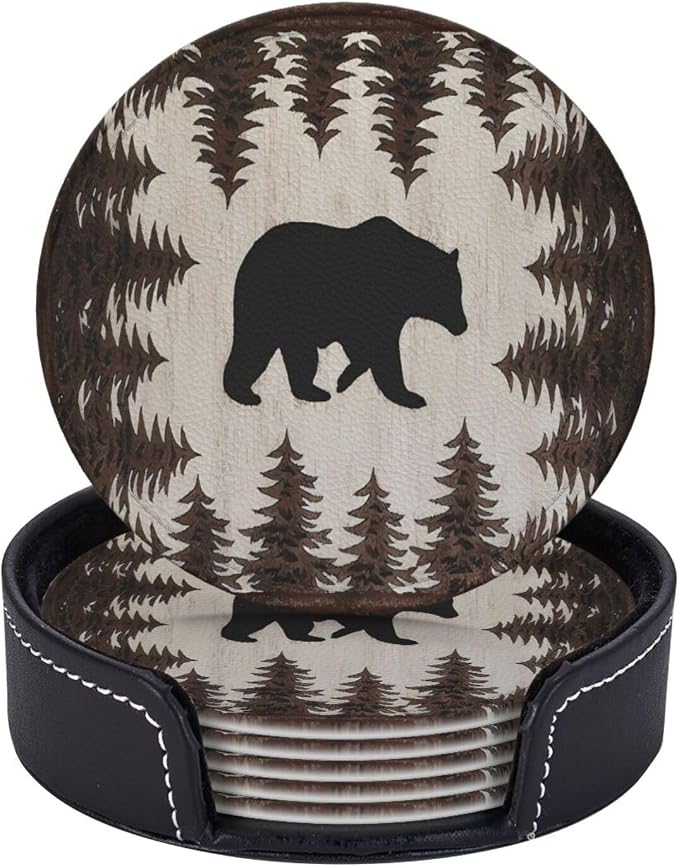 6 Pcs Bear and Pines Leather Coasters by Jfniub