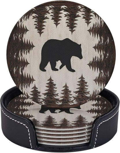6 Pcs Bear and Pines Leather Coasters by Jfniub