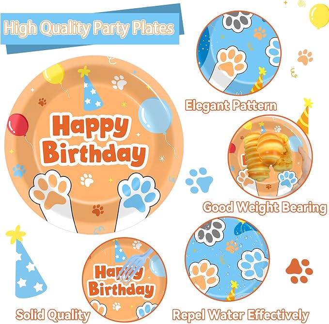 96Pcs Blue Dog Happy Birthday Party Supplies Cartoon Puppy Paper Plates and - Image 3
