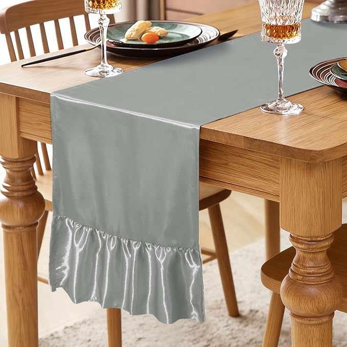 2 Pack Grey Satin Table Runner 12 x 72 Inch | Ruffle Design, Luxurious Dining - Image 2