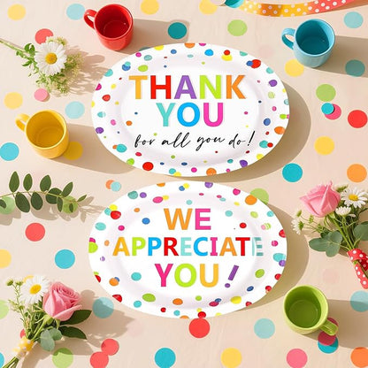 Grencian 50Pcs Thank You Oval Paper Plates 10" x 12" Large Heavy Duty We Appreciate You Paper Plates We Will Miss You Platter for Christmas Volunteer Employee Teacher Doctor Appreciation Party Decor