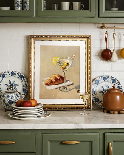 InSimSea Gold Framed Wall Art, Kitchen Dining Room Vintage Cocktail Martini Croissant Wall Shelf Decor, Still Life Canvas Print Art, Home Bar Decor, Antique Paintings with Picture Frame 13x16inch
