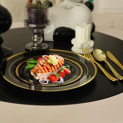200 PCS Black and Gold Plastic Plates, Party Black Disposable Plates Include 100 10 inch Dinner Plate and 100 7 inch Dessert Plate,black gold rim plates Perfect for Party & Wedding