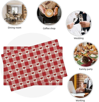 Valentines Placemats Set of 4 Red Pink Love Heart Buffalo Plaid Decor Place Mats 12x18 Inch Gingham Anniversary Wedding Holiday Linen Table Mats for Home Kitchen Dining Party Table Decoration