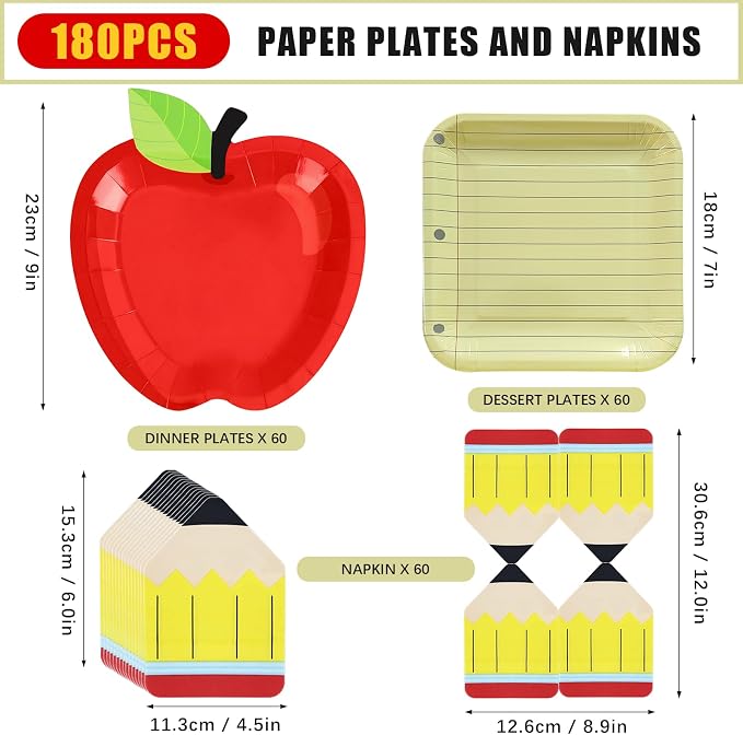 180Pcs Back to School Red Apple Paper Plates and Napkin Set, First Day of - Image 2