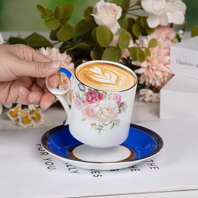 KAMMAK Tea Cups and Saucers Set of 2, Porcelain Coffee Cups, JBE015 | Stackable - Image 4