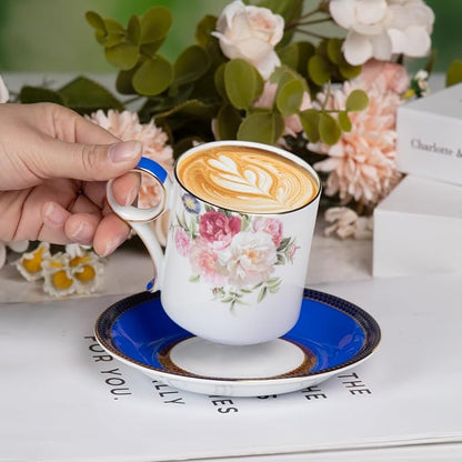 KAMMAK Tea Cups and Saucers Set of 2, Porcelain Coffee Cups, JBE015 | Stackable - Image 4